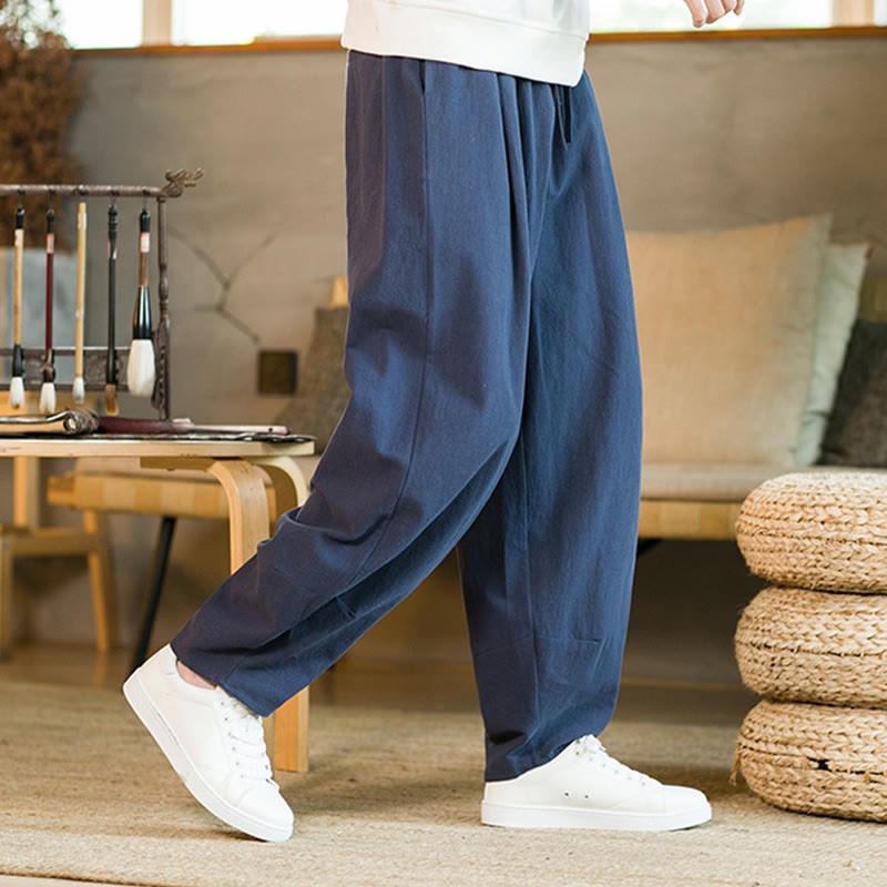 Solid Color Cotton Linen Drawstring Men's Harem Pants With Pockets
