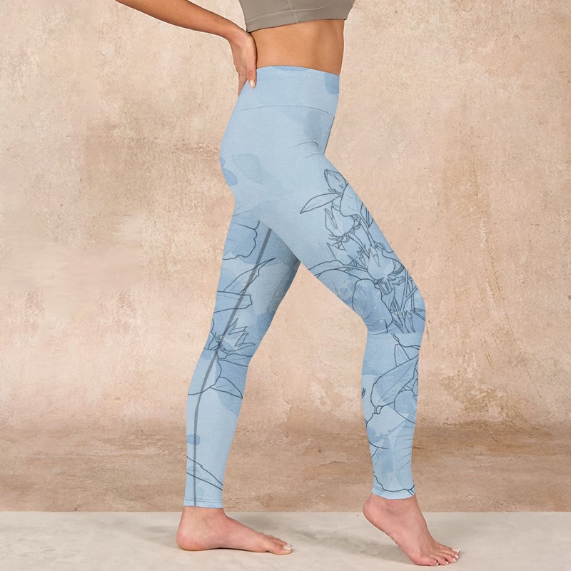 Blue Flower Sketch Print Sports Leggings Women's Yoga Pants