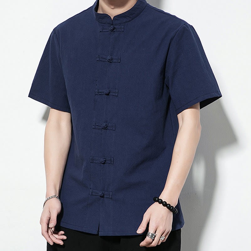 Casual Solid Color Front Frog Buttons Chinese Tang Suit Short Sleeve Linen Men's Shirt