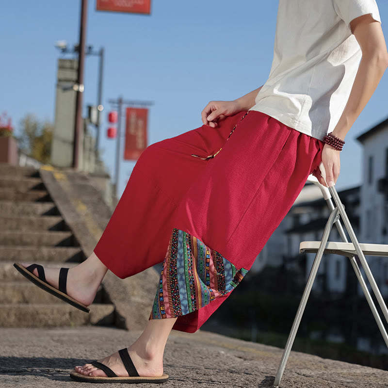 Bohemian Patchwork Pattern Cotton Drawstring Men's Wide Leg Pants With Pockets