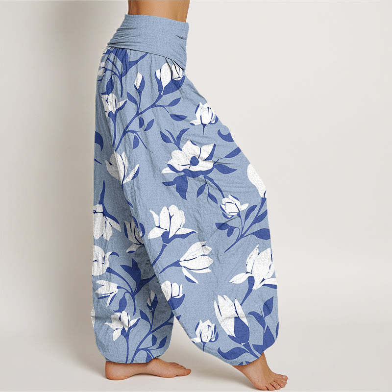 Retro Magnolia Flowers Women's Elastic Waist Harem Pants