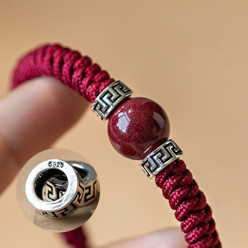 925 Sterling Silver Natural Cinnabar Bead Calm Handmade Braided String Bracelet