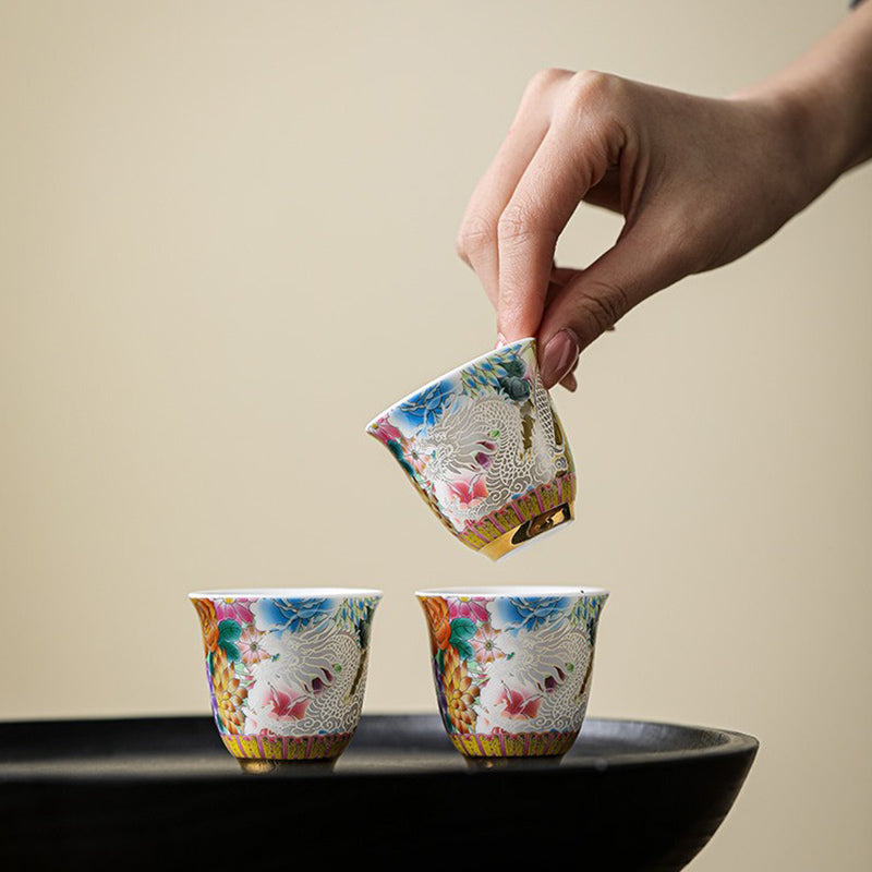 Dragon Phoenix Flowers Ceramic Teacup Kung Fu Tea Cup 50ml