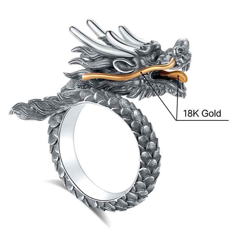 925 Sterling Silver Vintage Dragon Design Protection Strength Adjustable Ring
