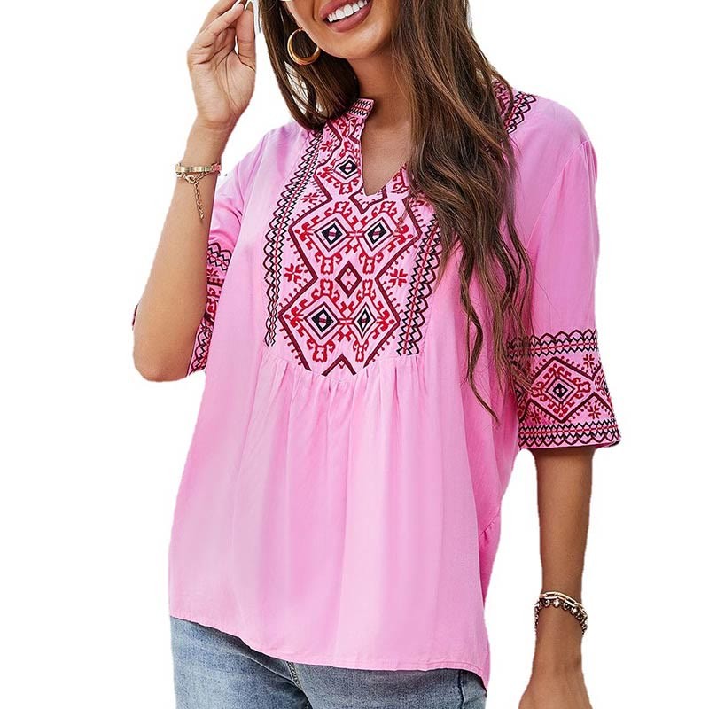Summer Boho Embroidery Floral Pattern Half Sleeve V-neck Cotton Women's T-Shirt
