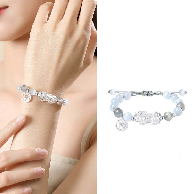 Pi Xiu Six True Words 999 Sterling Silver Black Obsidian White Turquoise Chrysoberyl Luck Bracelet