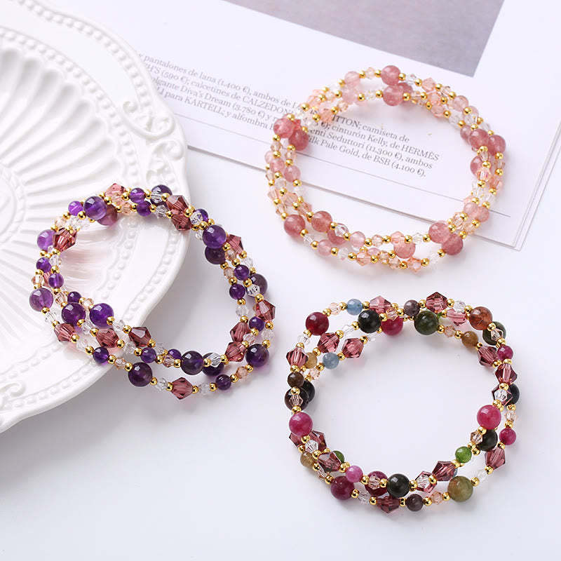Natural Tourmaline Strawberry Quartz Amethyst Peace Wisdom Double Wrap Bracelet