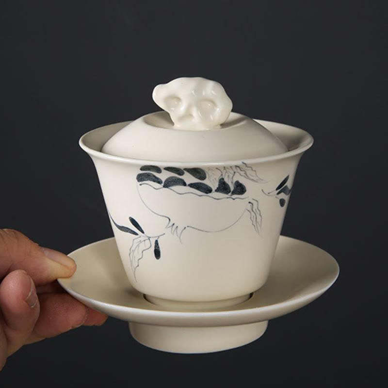 Hand Painted Pomegranate Hibiscus Pine Lotus Ceramic Gaiwan Sancai Teacup Kung Fu Tea Cup And Saucer With Lid