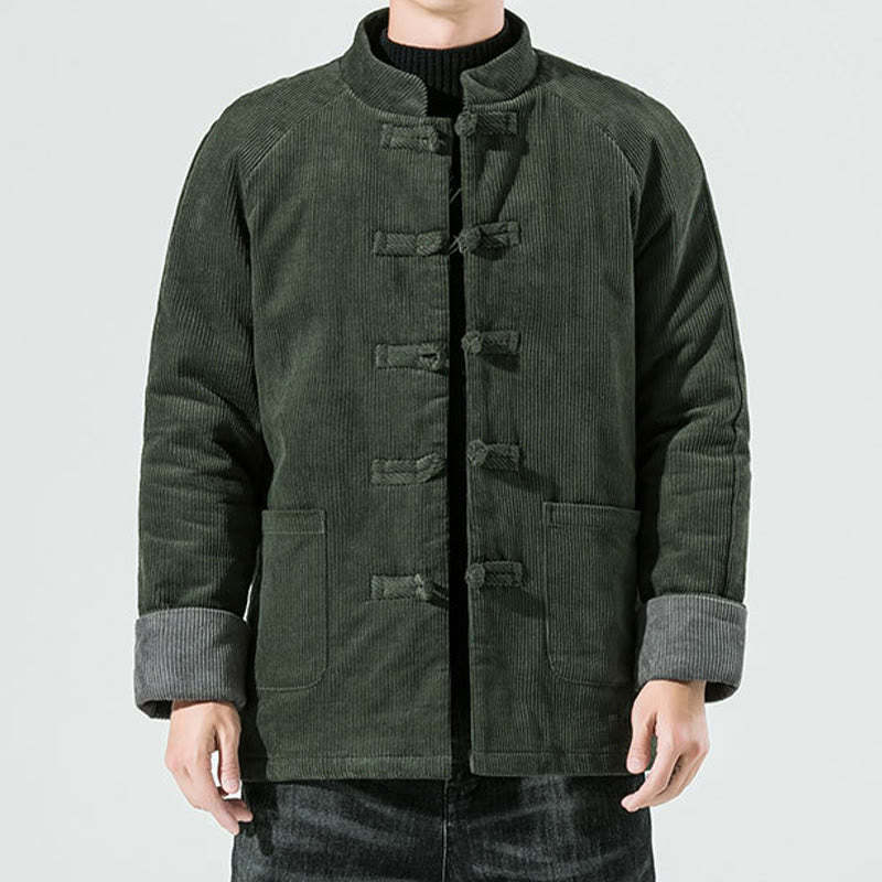 Frog-Button Chinese Tang Suit Stand Collar Long Shirt Corduroy Men Cotton Jacket Clothing
