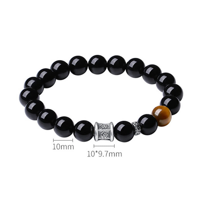 999 Sterling Silver Black Obsidian Tiger Eye Om Mani Padme Hum Fulfillment Bracelet