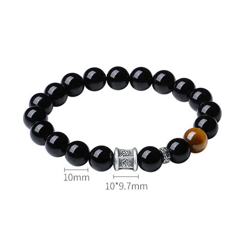 999 Sterling Silver Black Obsidian Tiger Eye Om Mani Padme Hum Fulfillment Bracelet