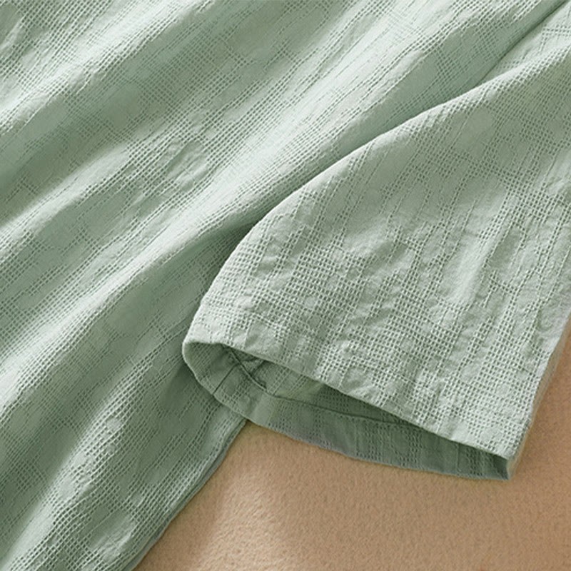 Plum Blossom Embroidery Frog-Button Short Sleeve Cotton Linen Shirt