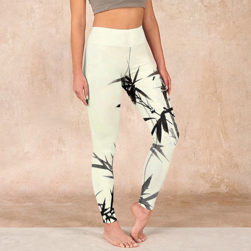 Ink Painting Bamboo Leaves Print Sports Leggings Women's Yoga Pants
