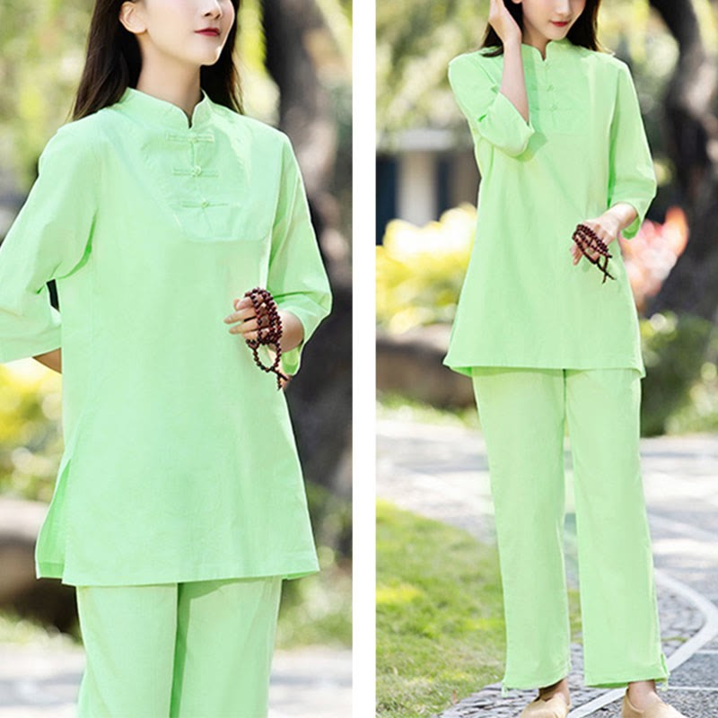 2Pcs Half Sleeve Shirt Top Pants Meditation Zen Tai Chi Cotton Linen Clothing Women's Set