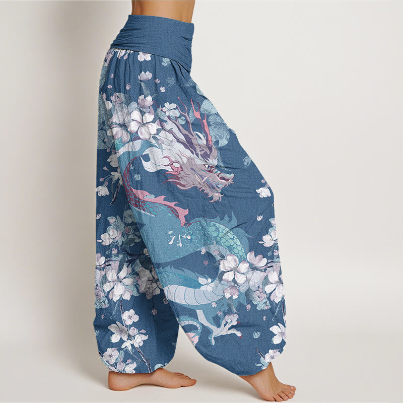 Casual Dragon Cherry Blossoms Women's Elastic Waist Harem Pants