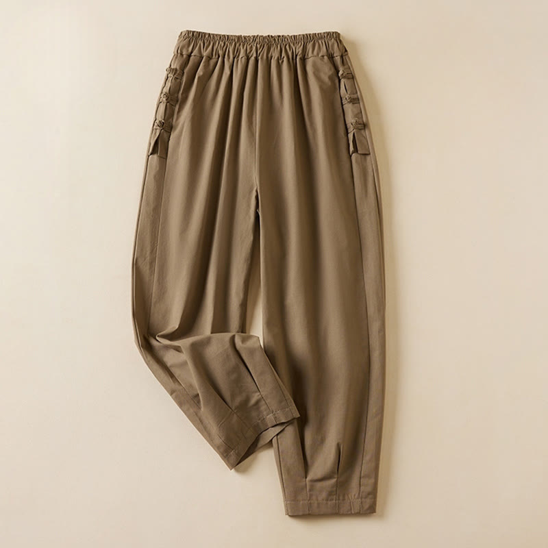 Casual Plain Frog-Button 7-8 Length Cropped Pants Women's Cotton Linen Harem Pants With Pockets