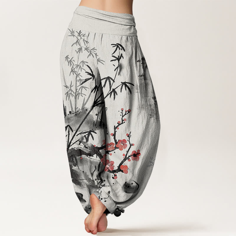 Plum Blossoms Bamboo Orchids Chrysanthemums Pattern Women's Elastic Waist Harem Pants