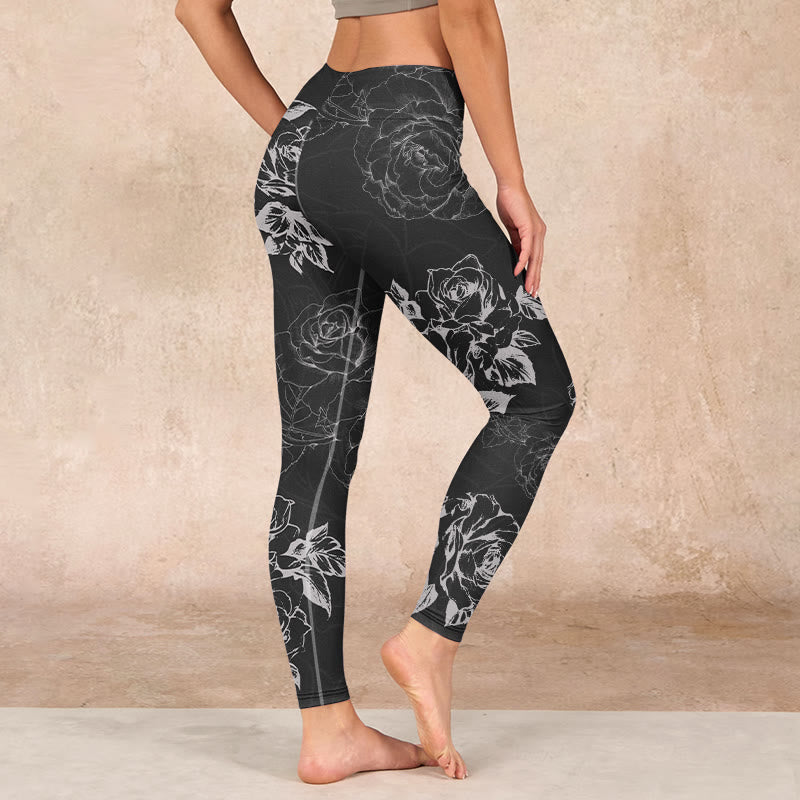 Gray Peony Rose Flower Sketch Print Gym Fitness Leggings Women's Yoga Pants