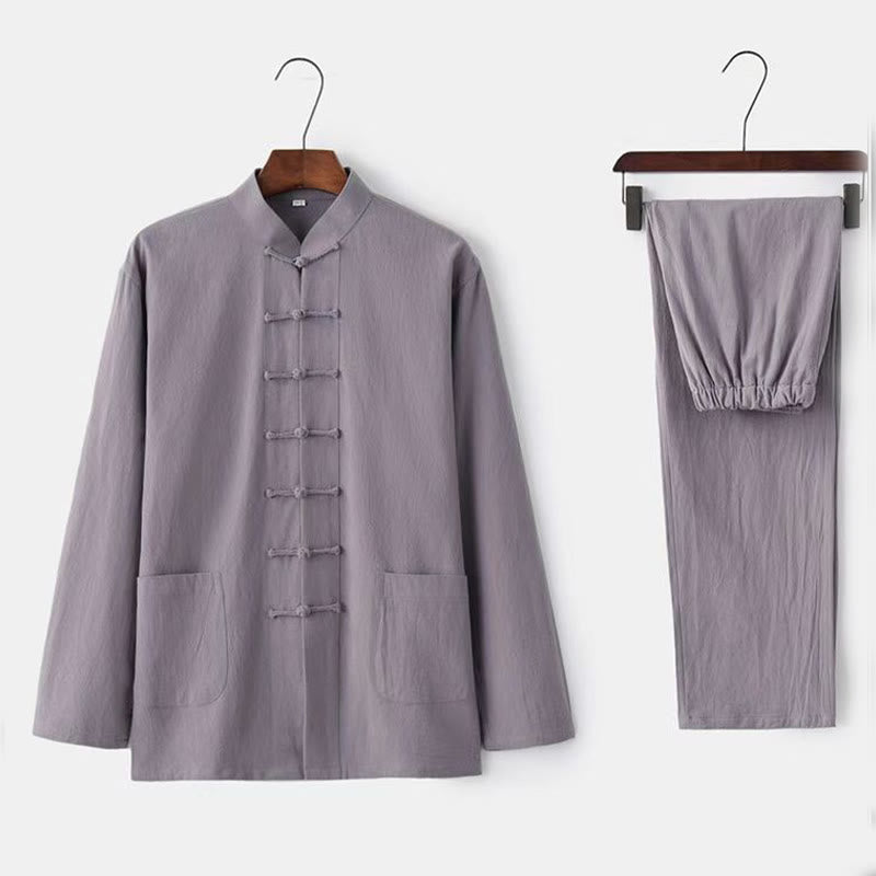 2Pcs Tang Suit Traditional Frog-Button Uniform Long Sleeve Shirt Pants Men's Set