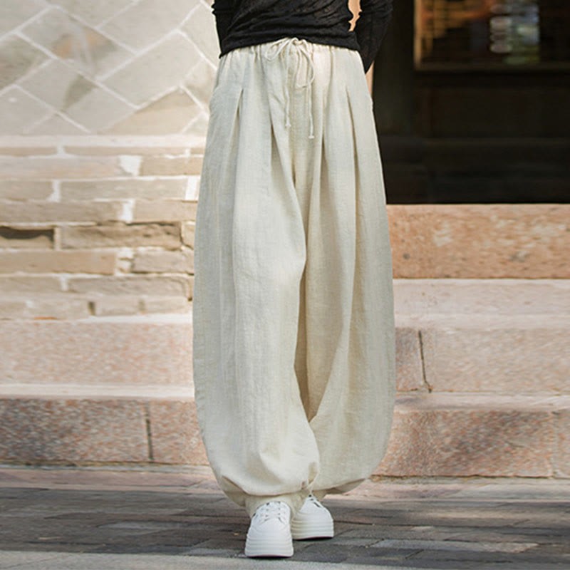 Casual Plain Loose Waist Tie Rope Women's Ramie Cotton Pants With Pockets
