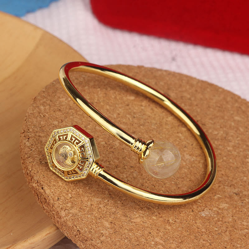 Rutilated Quartz Copper Brass Rotatable Windmill Feng Sheng Shui Qi Courage Bracelet Bangle