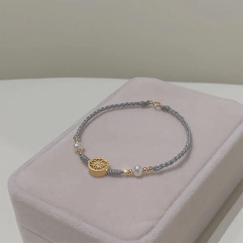 Copper Coin Fortune Tree Pearl Luck Blue Rope Braided Bracelet