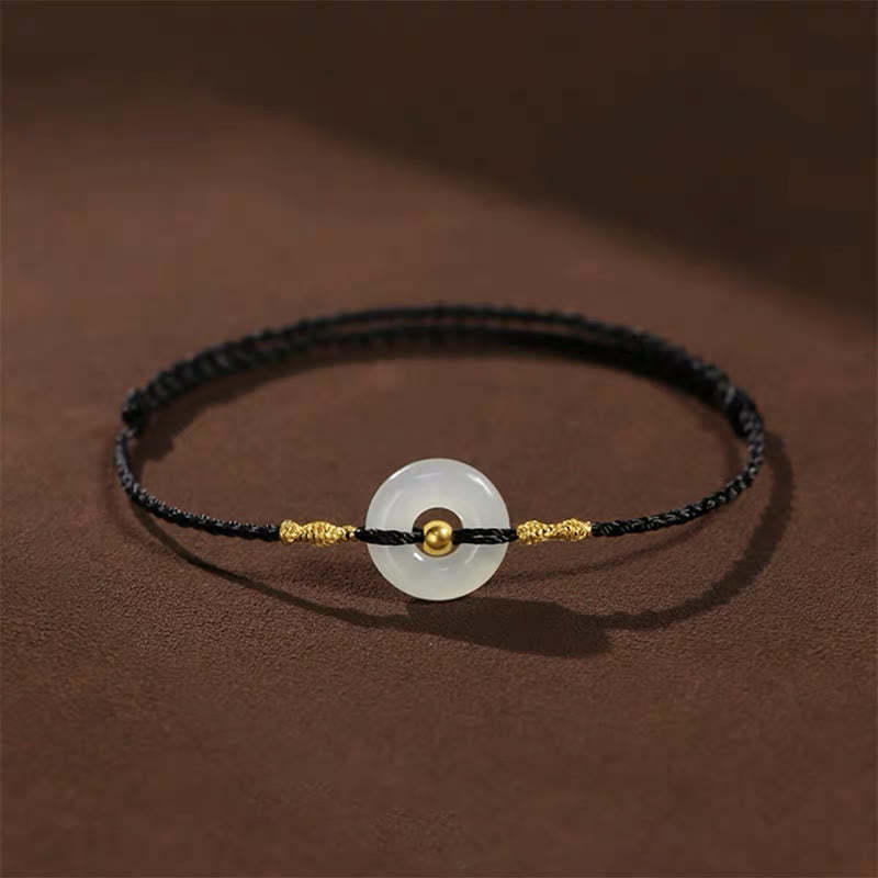999 Gold Bead Round Peace Buckle Hetian Jade Luck Abundance Braided Bracelet Anklet