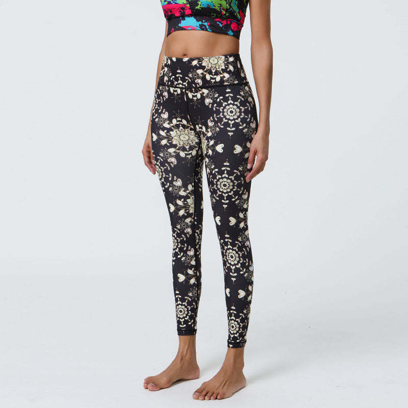 Flowers Geometric Mandalas Print Sports Fitness Yoga High Waist Leggings Women's Pants