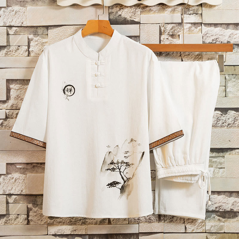 2Pcs Tree Pattern Cotton Linen Frog-Button Short Sleeve Shirt Pants Men's Set