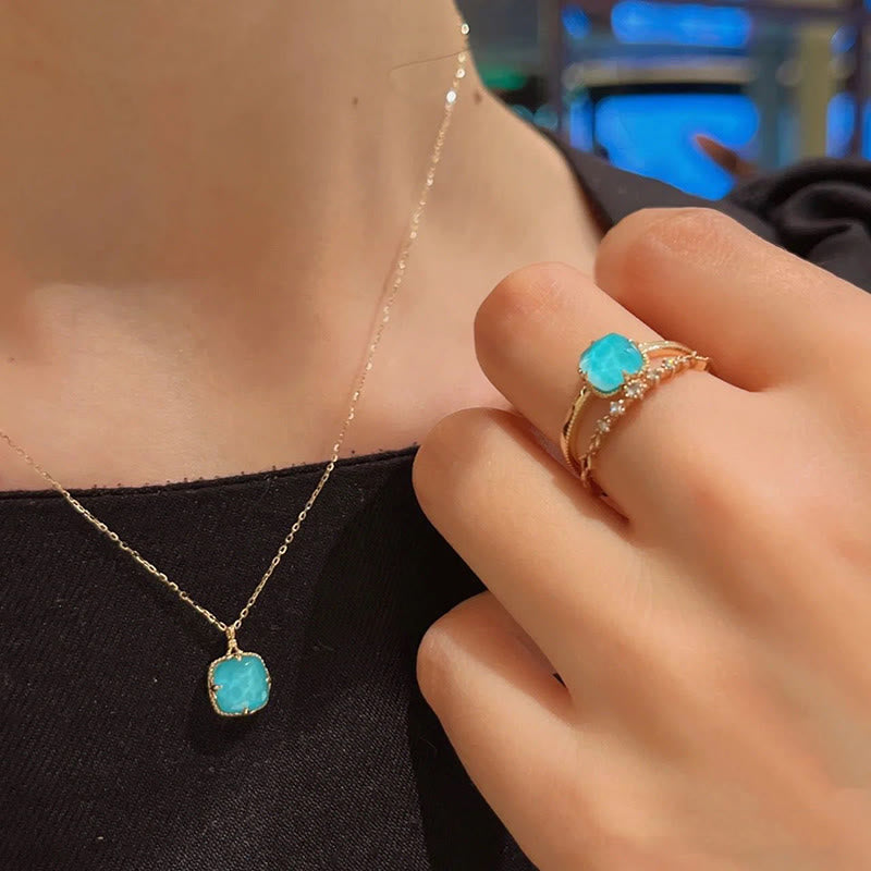 925 Sterling Silver Plated Gold Turquoise Protection Ring Earrings Necklace Pendant Set