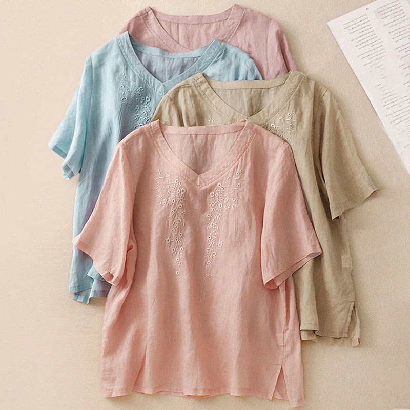 Casual Women's Embroidered Flower V-neck Design Loose Half Sleeve Cotton Linen Shirt