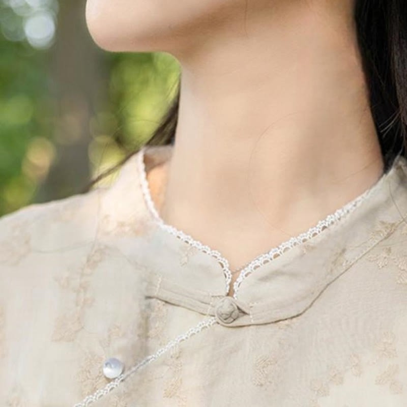 Casual Embroidered Slant Collar Stand Collar Half Sleeve Design Ramie Midi Dress With Pockets