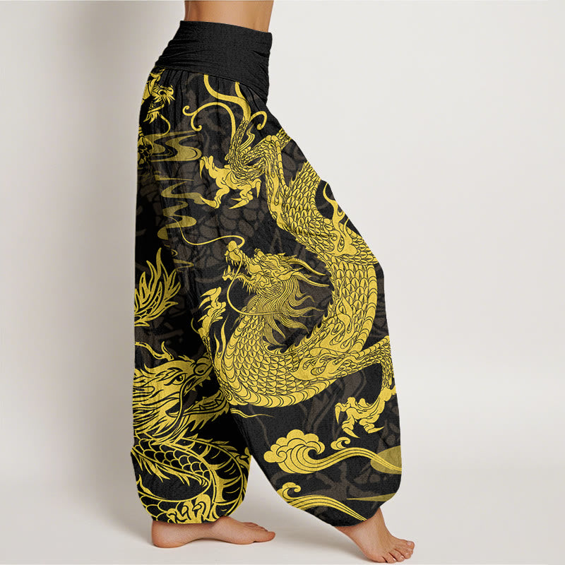 Dragon Auspicious Clouds Women's Elastic Waist Harem Pants