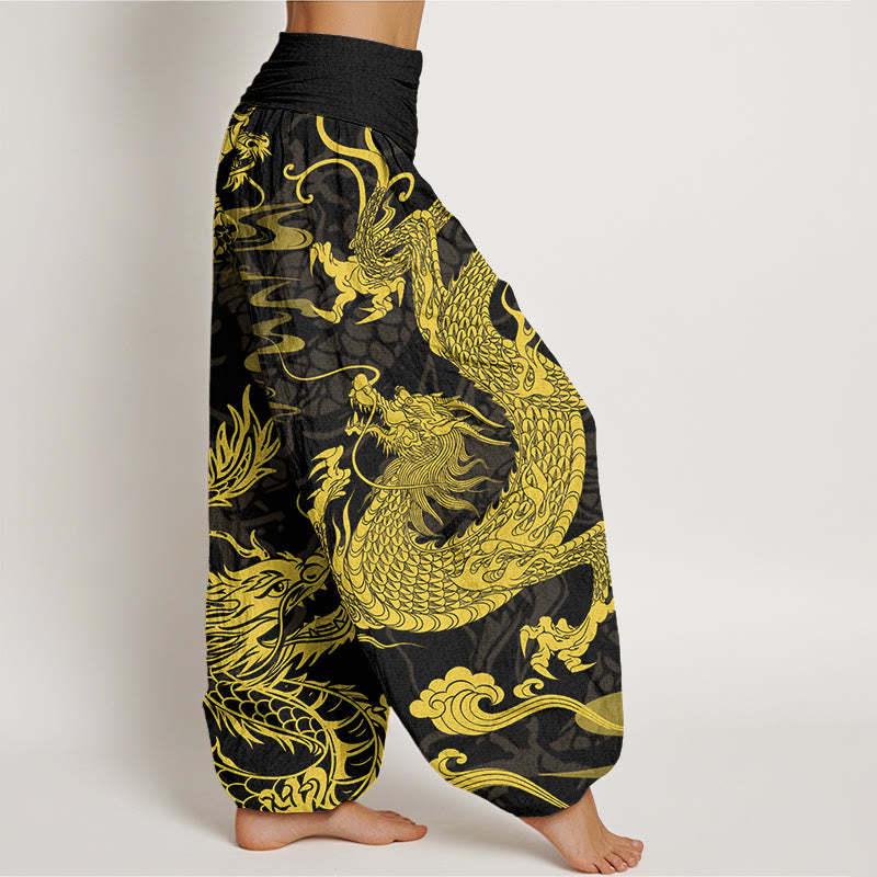 Dragon Auspicious Clouds Women's Elastic Waist Harem Pants