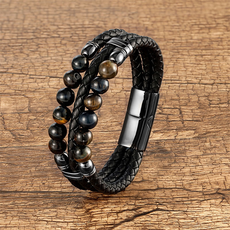 Tiger Eye Hematite Lava Rock Black Onyx Lazurite Beads Protection Strength Leather Bracelet