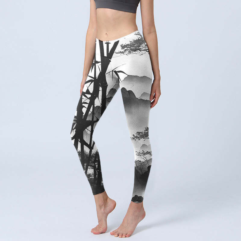 Ink Painting Bamboo Pine Mountain Scenery Print Gym Leggings Women's Yoga Pants