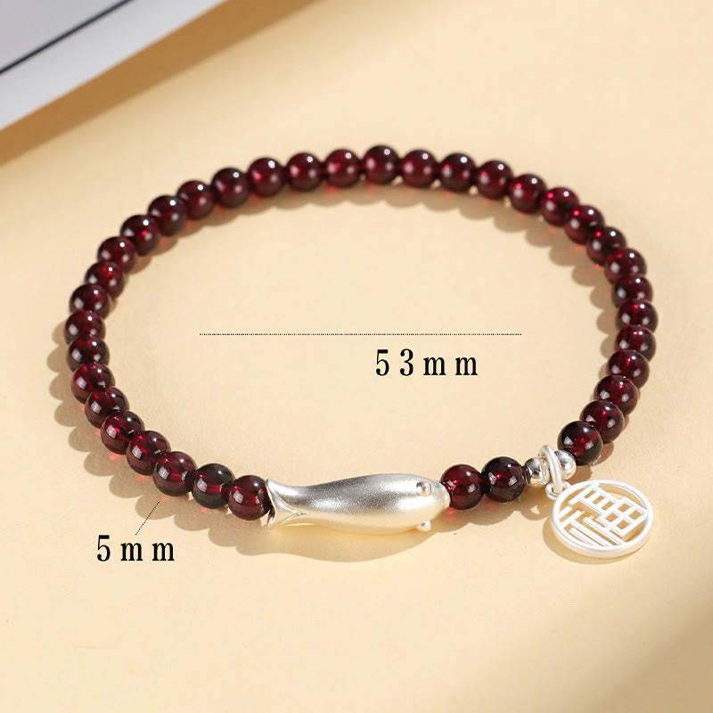 Garnet 925 Sterling Silver Fish Fu Character Purification Bracelet