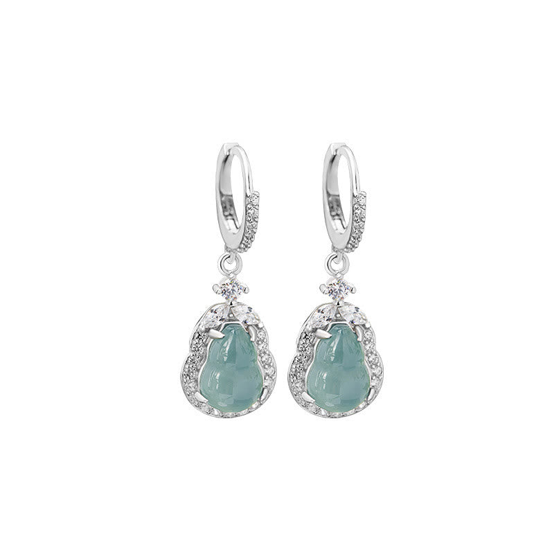 925 Sterling Silver Green Jade Gourd Abundance Drop Earrings