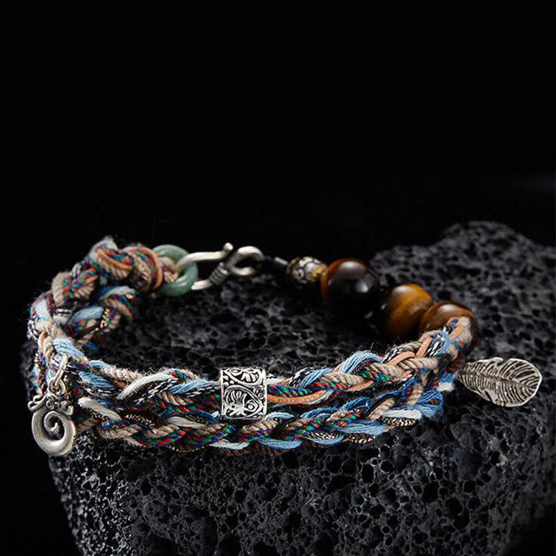 925 Sterling Silver Tiger's Eye Colorful Cotton Rope Handmade Willpower Bracelet