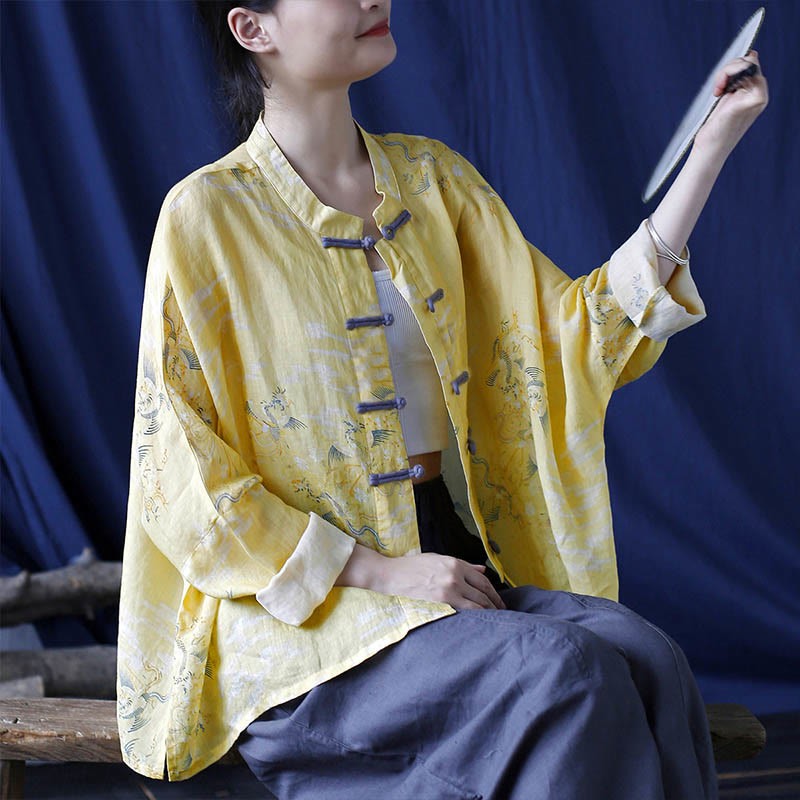 Yellow Phoenix Print Frog-button Design Long Sleeve Ramie Linen Jacket Shirt
