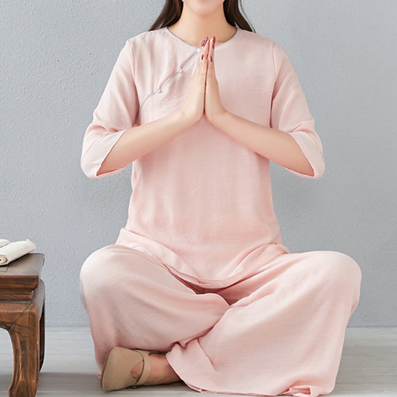 2Pcs Three Quarter Sleeve Long Sleeve Shirt Wide Leg Pants Meditation Cotton Linen Clothing Women's Set