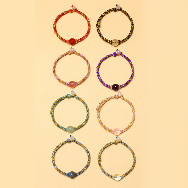 Handmade Red Agate Amethyst Golden Rutilated Quartz Pink Crystal Bead Calm Braided Bracelet