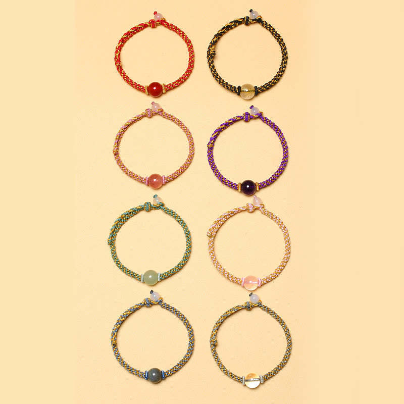 Handmade Red Agate Amethyst Golden Rutilated Quartz Pink Crystal Bead Calm Braided Bracelet