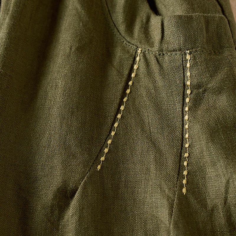 Wild Simple Design Embroidery Drawstring Cotton Linen Women's Shorts With Pockets