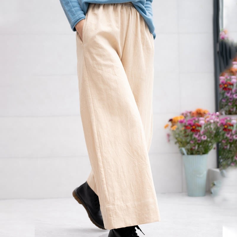 Casual Plain Loose Women's Ramie Wide Leg Pants With Pockets