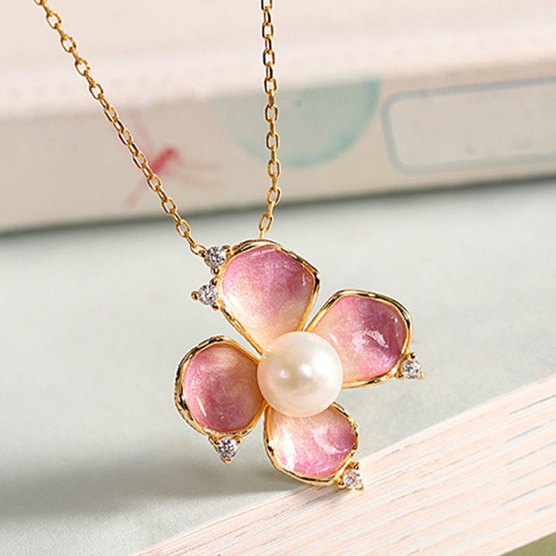 925 Sterling Silver Pearl Red Flower Petals Design Wisdom Necklace Pendant Earrings Set