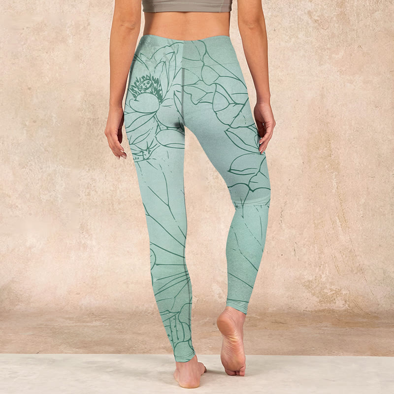 Green Lotus Flower Print Sports Leggings Women's Yoga Pants
