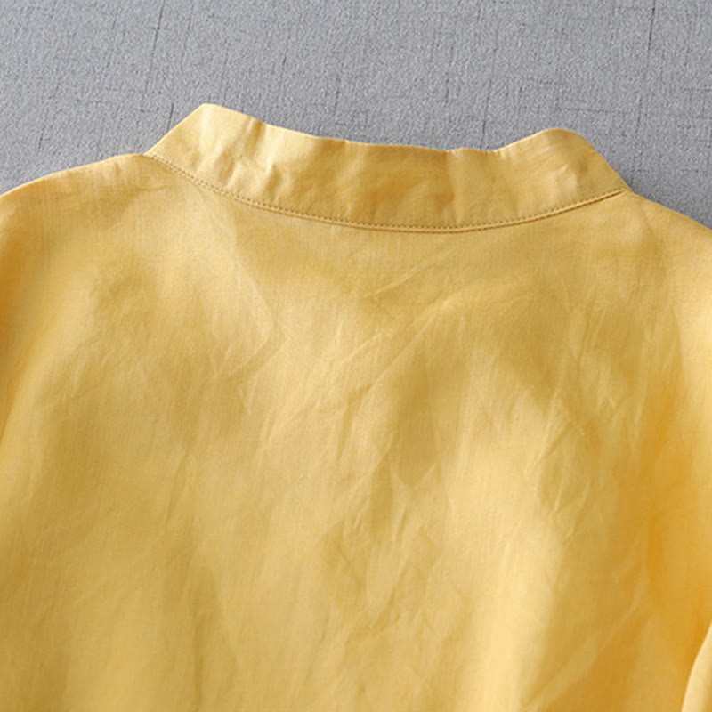 Solid Color Frog-Button Three Quarter Sleeve Double Layer Cotton Linen Shirt