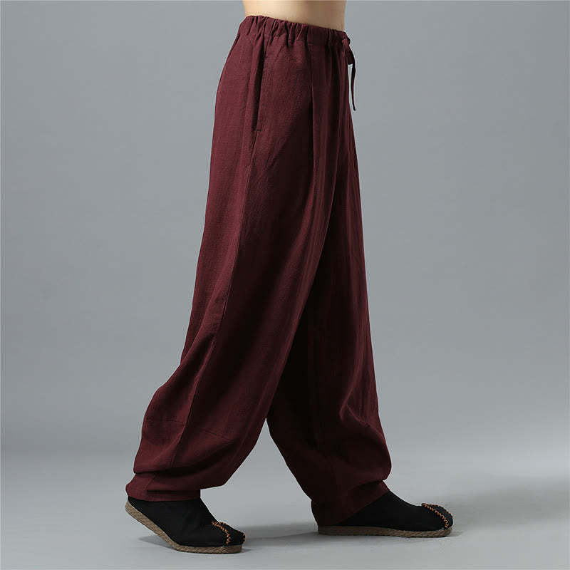 Casual Solid Color Drawstring Cotton Linen Men's Pants With Pockets