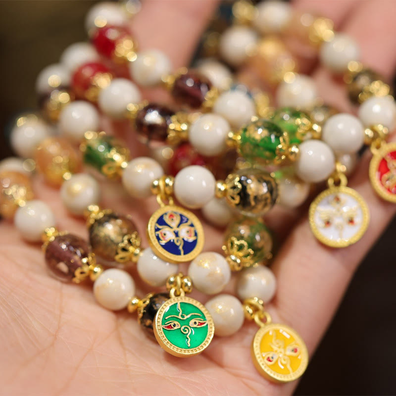 Tibetan Five God Of Wealth Fortune Liuli Glass Bead Incense Ash Porcelain Bead Charm Bracelet
